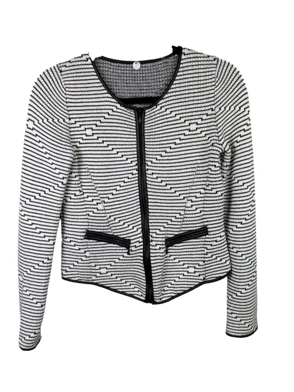 Margaret O'Leary Knit Full Zip Sweater Jacket w/ Leather Trim Black White Geo XS